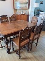 Antieke eettafel + 6 stoelen met prachtig houtsnijwerk, Ophalen