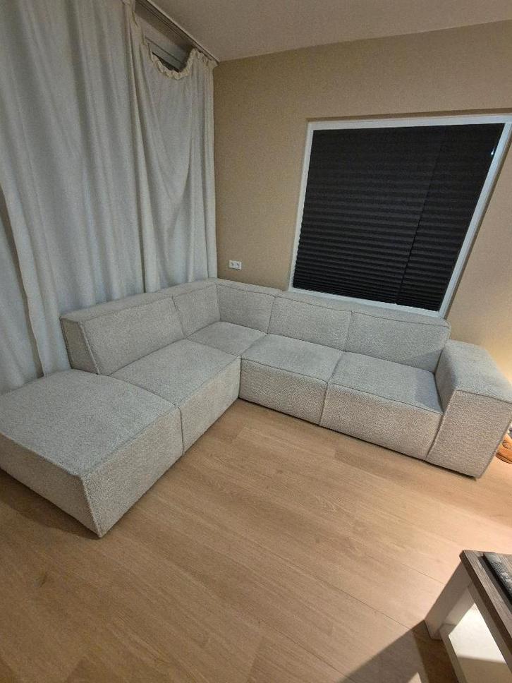 Luxe Hoekbank teddy boucle stof lichtgrijs /ecru, Huis en Inrichting, Banken | Bankstellen, Zo goed als nieuw, Hoekbank, Vierpersoons of meer