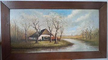 Oud olieverf schilderij met boerderiij bloesembomen en water beschikbaar voor biedingen