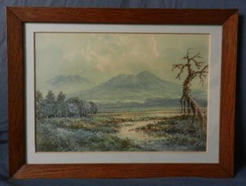 Aquarel Landschap met bergen Indonesië, gesigneerd hxb 29x39 beschikbaar voor biedingen