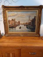 Mooie  Oud Schilderij Haven met boten., Antiek en Kunst, Kunst | Schilderijen | Klassiek, Ophalen of Verzenden