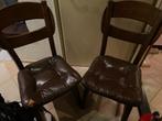 Set van 2 vintage houten stoelen met leren zitting, Ophalen, Gebruikt, Twee, Bruin