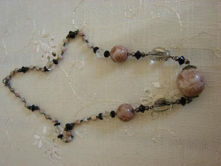 Vintage j50 gekettelde ketting met marmer, kristal, git., Sieraden, Tassen en Uiterlijk, Kettingen, Zo goed als nieuw, Overige materialen