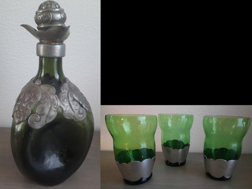 karaf + 3 glazen groen glas bekleed met tin - Georg Nilsson, Ophalen of Verzenden