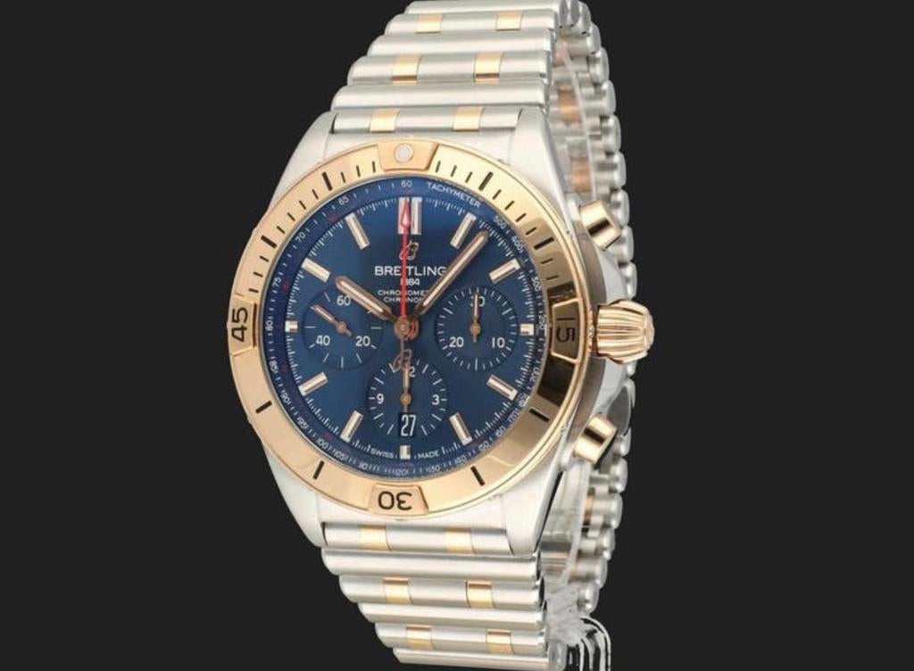 Breitling Chronomat B01 Roségoud/ blauwe wijzerplaat., Ophalen, Staal, Breitling, Polshorloge