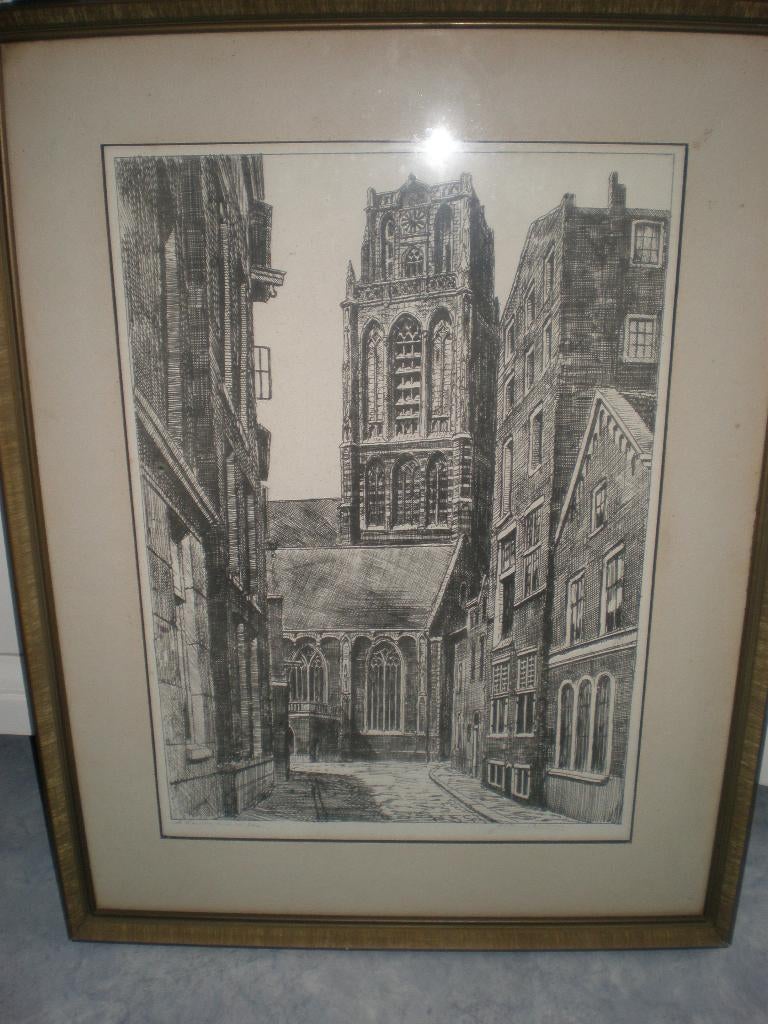 Laurenskerk rotterdam pentekening 33x45 cm lijst 49x63 cm, Antiek en Kunst, Ophalen of Verzenden