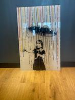 Banksy Meisje met Paraplu - Regenboog Kunstwerk 70x45cm, Ophalen of Verzenden