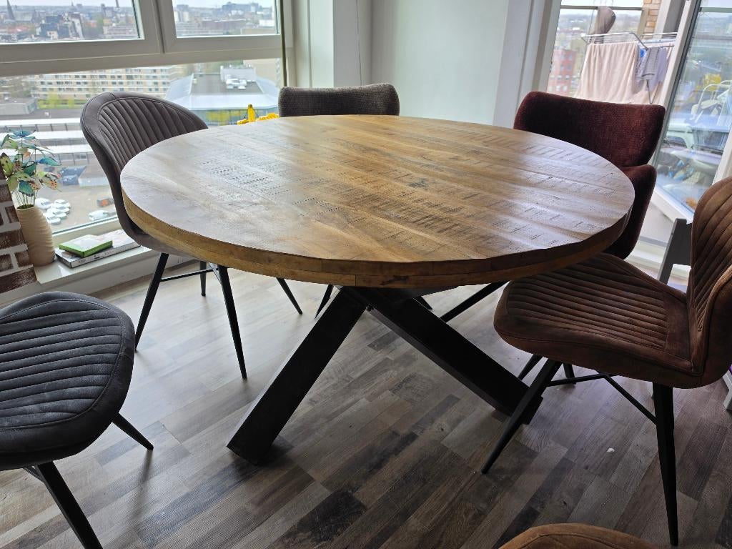 Eettafel mangohout, Ophalen, 100 tot 150 cm, Rond, 200 cm of meer