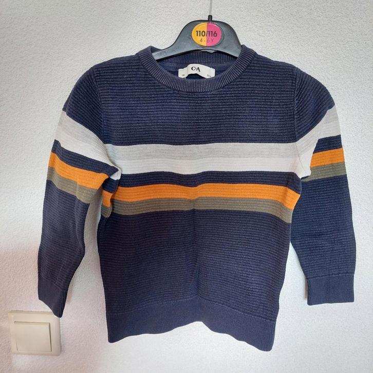 Gestreepte trui ribstructuur C&A 110 donkerblauw wit oker, Kinderen en Baby's, Kinderkleding | Maat 110, Gebruikt, Jongen, Trui of Vest