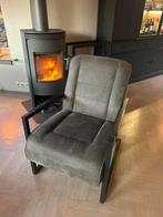 Olijf/ Grijze fauteuil met zwart metalen frame, Huis en Inrichting, Fauteuils, Ophalen, Gebruikt, 75 tot 100 cm, Metaal