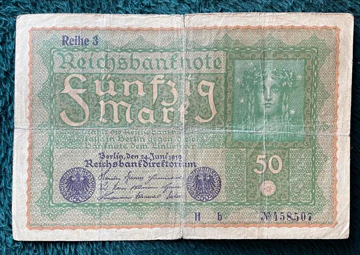 Duitsland 50 Mark biljet 1919 Reichsbanknote geld munt, Postzegels en Munten, Bankbiljetten | Europa | Niet-Eurobiljetten, Los biljet
