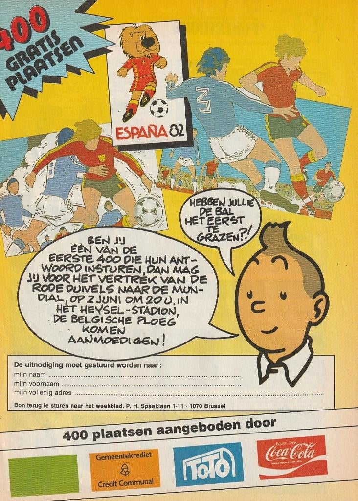 Retro reclame 1982 Coca-Cola met Kuifje naar Mundial, Verzamelen, Verzenden, Overige typen