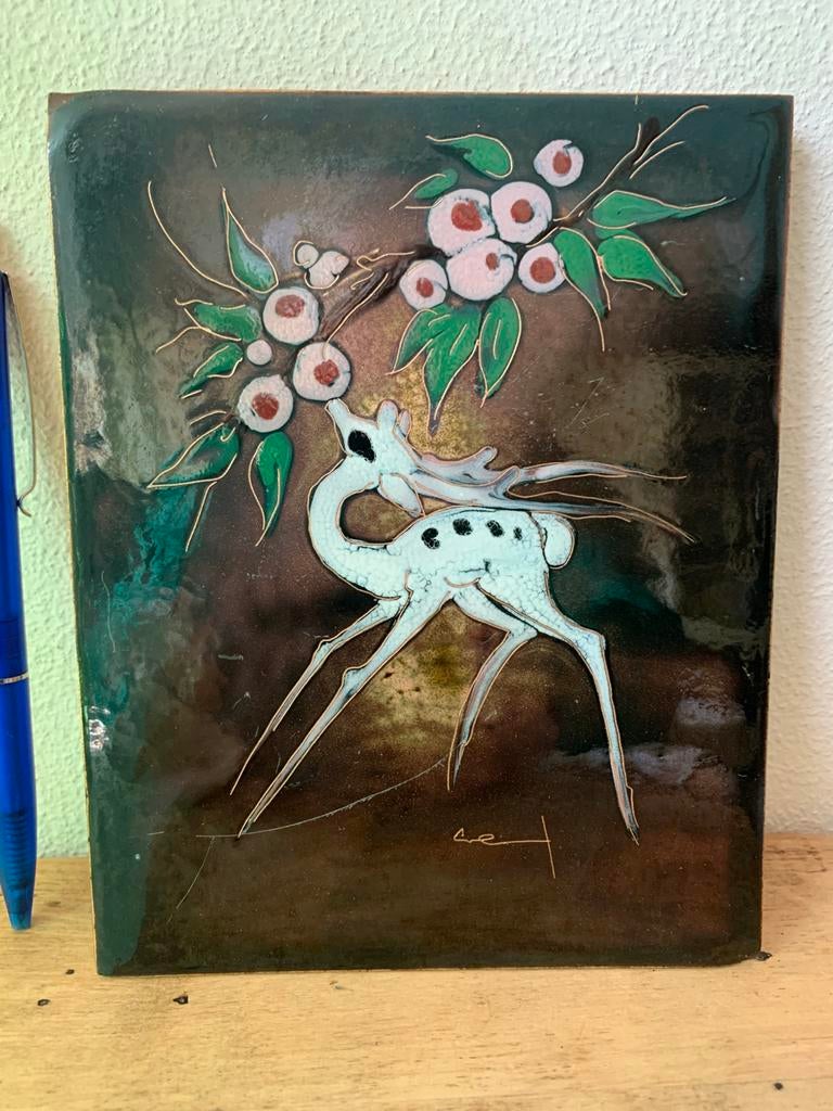Vintage handgeschilderd emaille schilderijtje, Ophalen of Verzenden