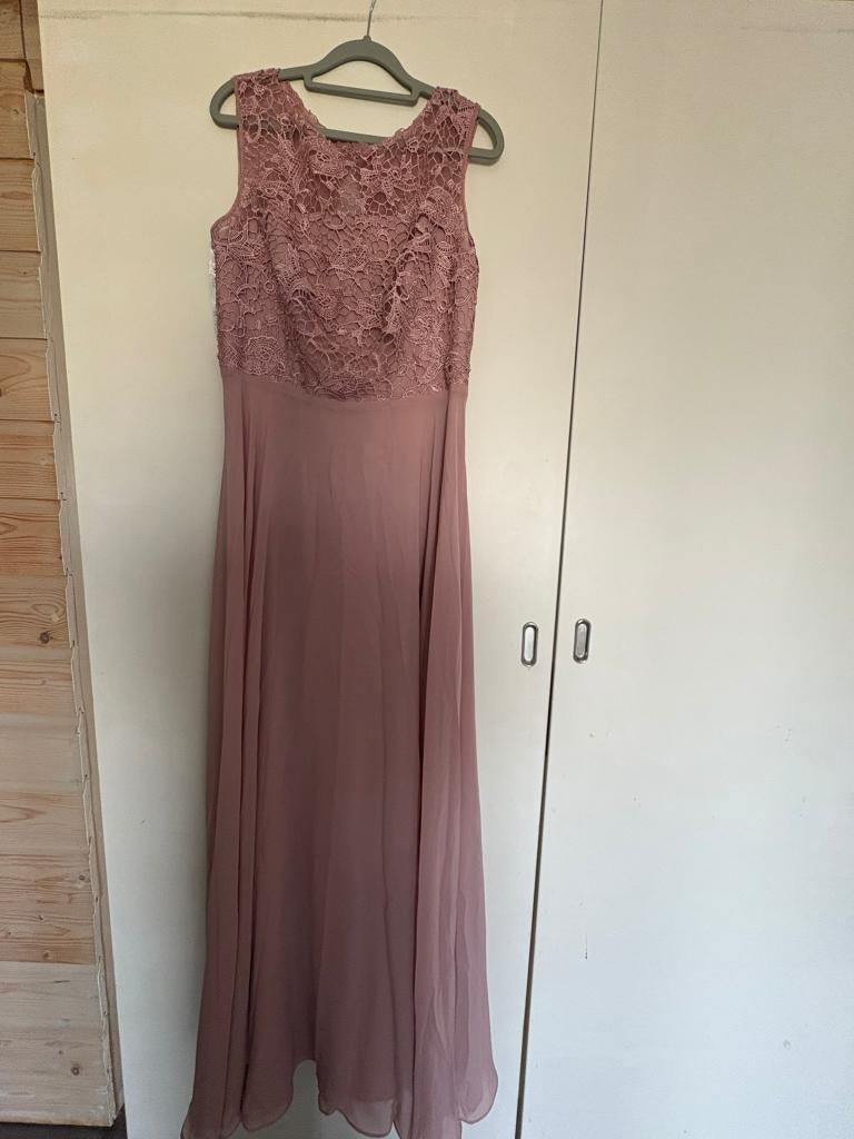 Elegant Oudroze Avondjurk met Kant en Chiffon, Kleding | Dames, Jurken, Verzenden, Maat 42/44 (L), Zo goed als nieuw, Roze