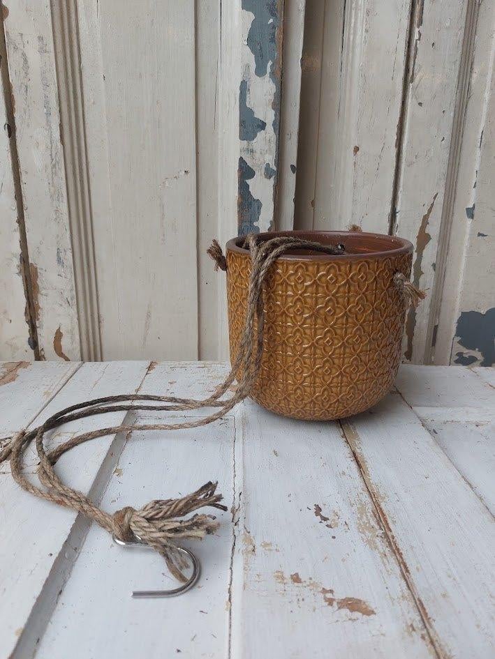 Bloempot hanger oker, Rond, Ophalen of Verzenden, Zo goed als nieuw, Aardewerk