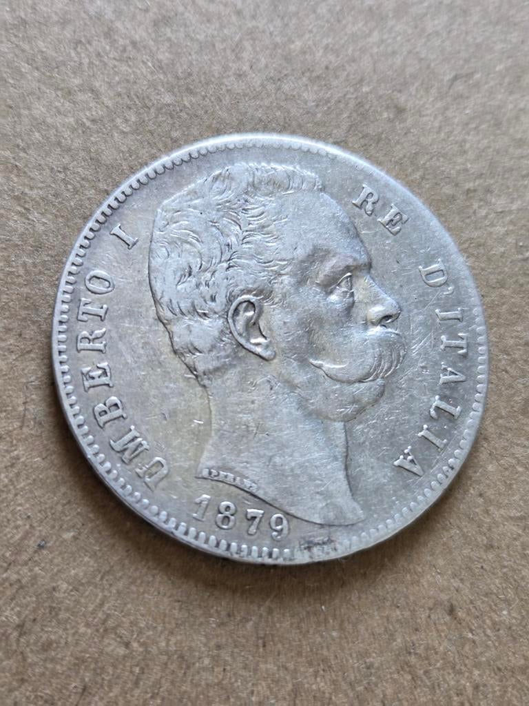 Zilveren munt 5 lire 1879 Italië, Ophalen of Verzenden, Italië
