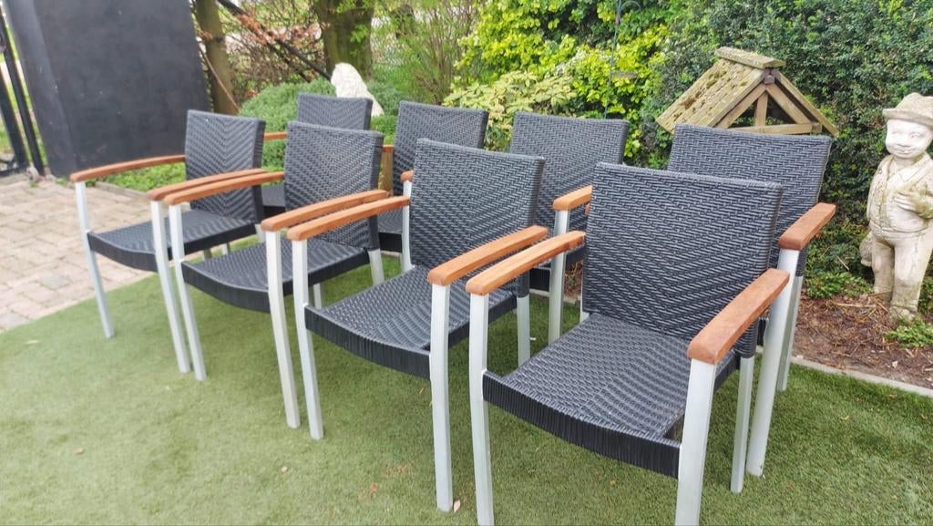 8 stapelbare wicker tuinstoelen, Ophalen, Gebruikt, Wicker, Stapelbaar