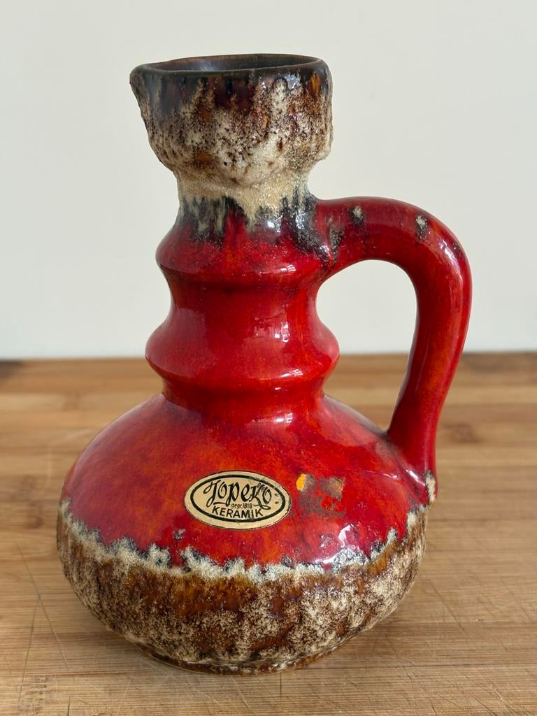 jopeko Keramik vaas, rood met bruin, jaren 70, Ophalen