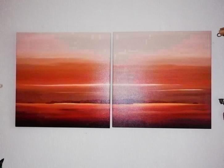 Sunset I & II, tweeluik schilderij v.Hans Paus elk 70x70x4cm, Ophalen