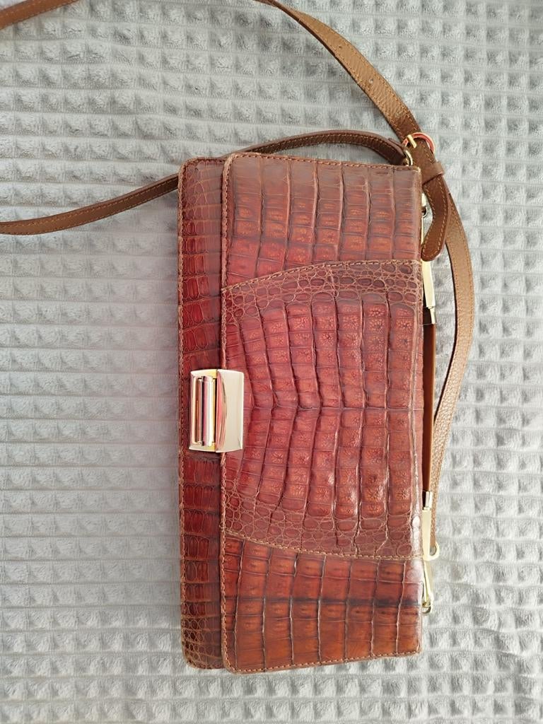 Vintage Krokodillen Handtas, Sieraden, Tassen en Uiterlijk, Tassen | Damestassen, Ophalen of Verzenden, Zo goed als nieuw, Bruin
