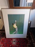 Grote gesigneerde litho van golfspeler, Ophalen of Verzenden