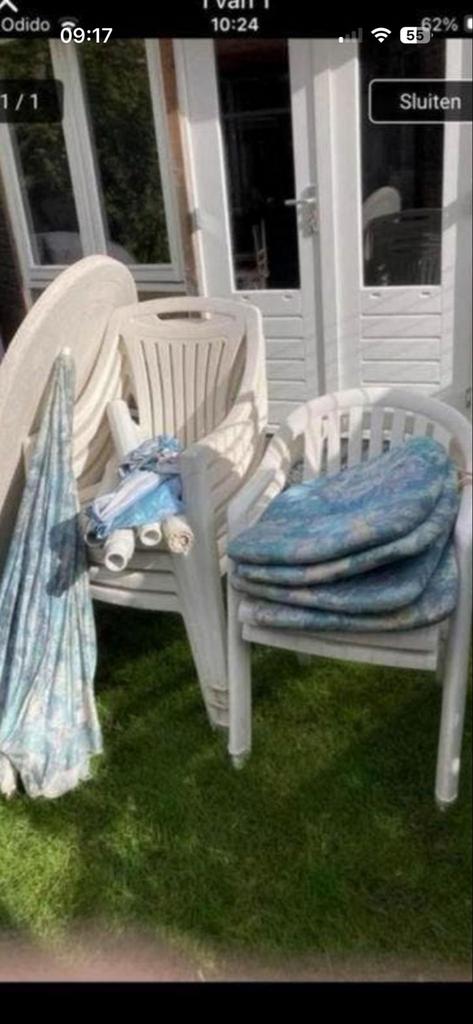Tuinstoelen en tafel van kunststof, Ophalen, Gebruikt, Kunststof, Stapelbaar