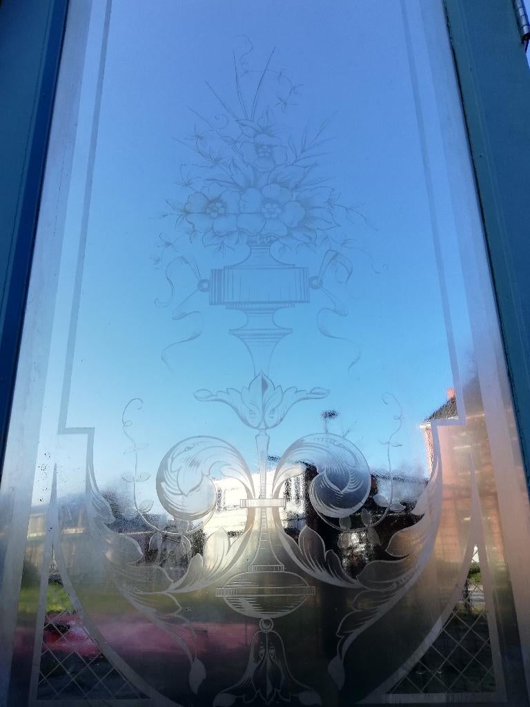 241hx115,5br Smalle hoge dubbele deur prachtig geetst glas, Ophalen
