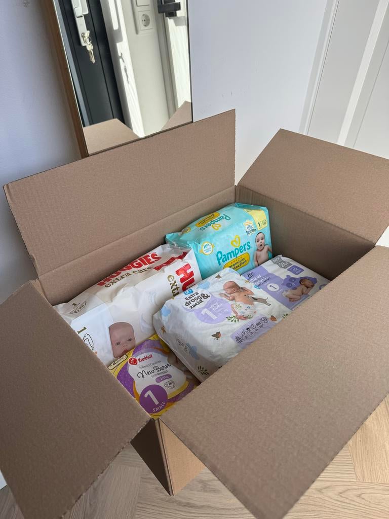 Newborn luiers proefpakket - 5 merken in 1 doos | maat 1, Ophalen of Verzenden, Nieuw