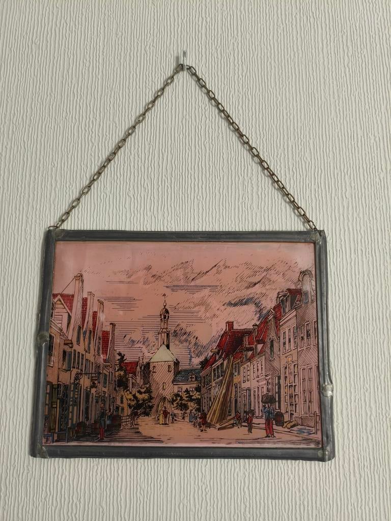 Oud glasschilderij in lood, stadsgezicht, Antiek en Kunst, Kunst | Overige Kunst, Ophalen of Verzenden