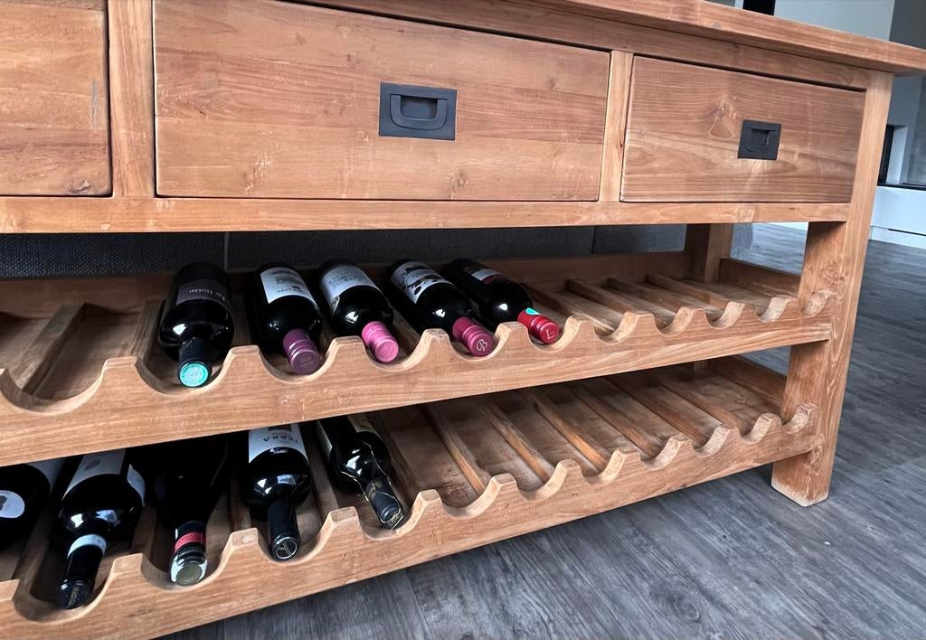 AnTeak Teakhouten Sidetable Wijnkast met Lades, Ophalen, Gebruikt, 25 flessen of meer, 75 cm of meer