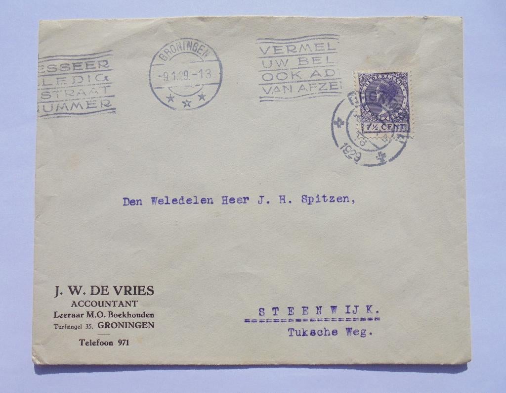 Oude brief met postzegel 7,5 cent Groningen Steenwijk 1929., Ophalen of Verzenden, Brief