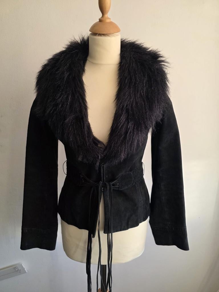 Echt suède damesjas met faux‑fur kraag – boho chic | maat S, Zwart, Ophalen of Verzenden, Zo goed als nieuw, Jasje