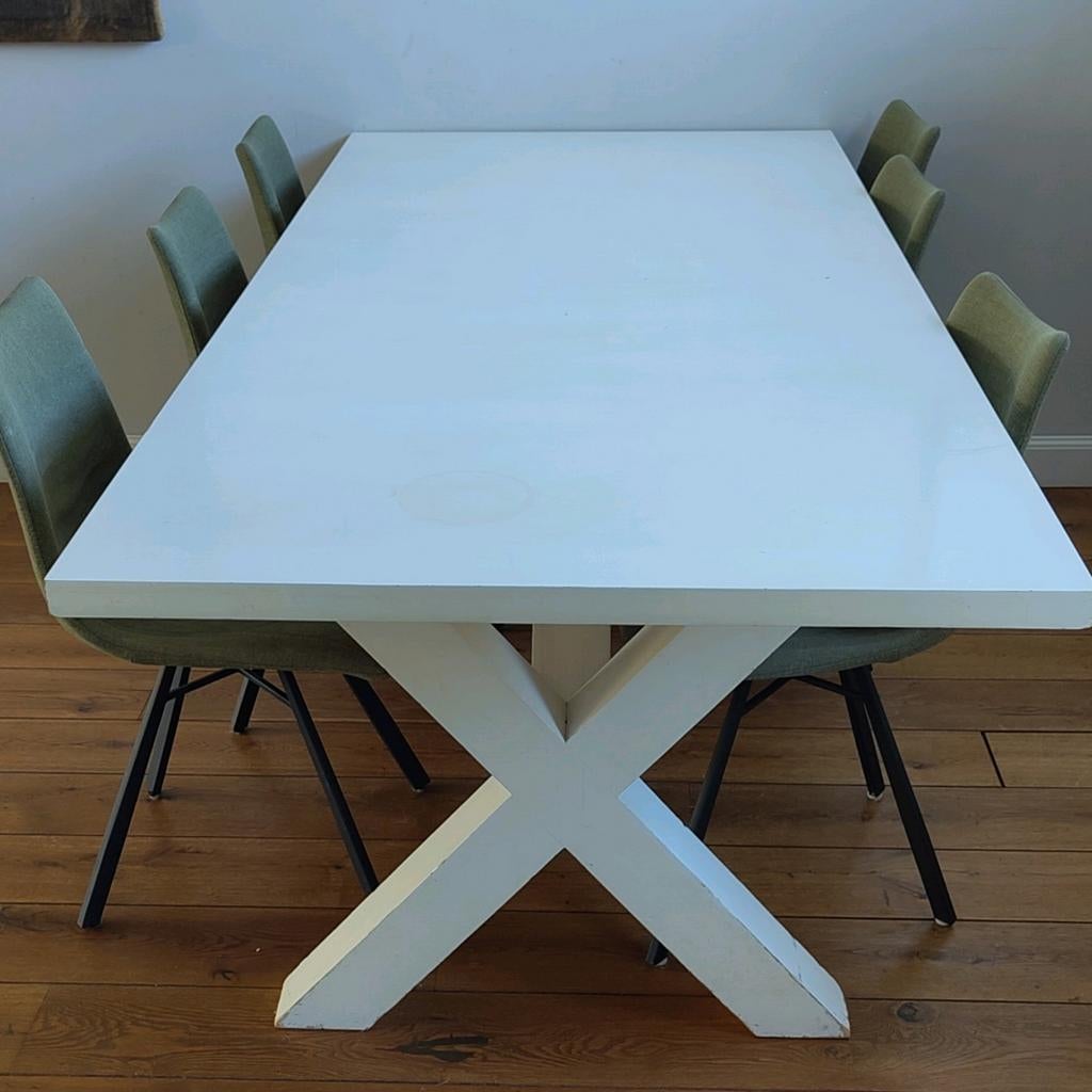Grote witte eettafel met X-poten (220x100 cm), Gebruikt, 200 cm of meer, Rechthoekig, 50 tot 100 cm