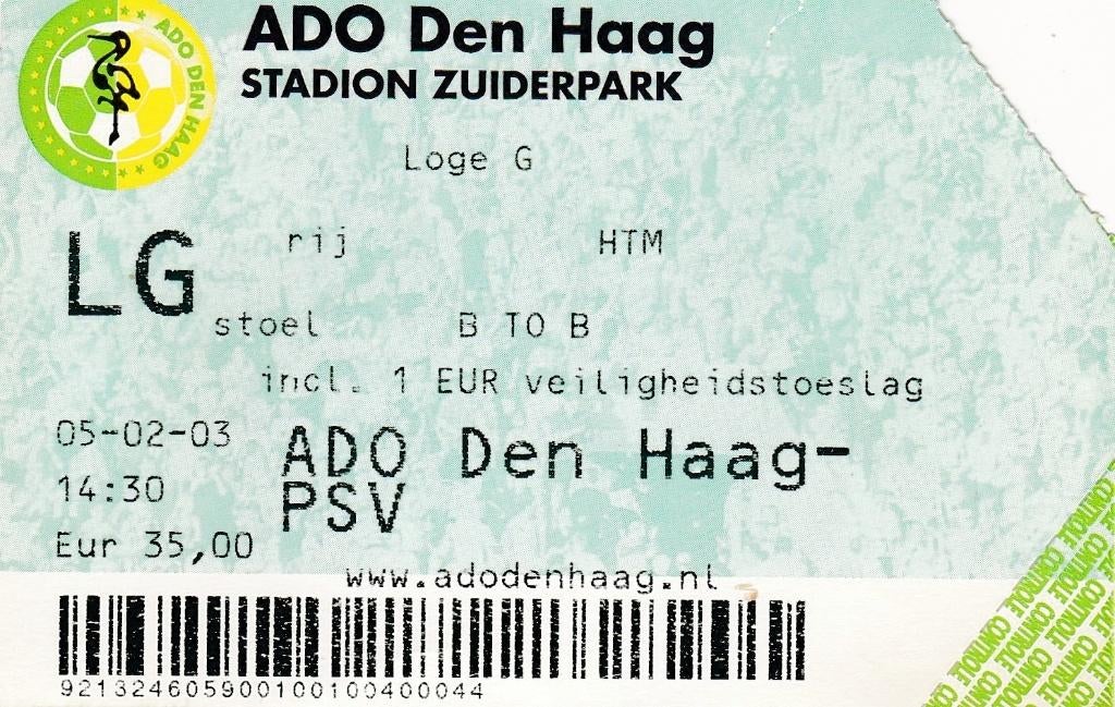 Ticket; ADO Den Haag v PSV Eindhoven 05-02-2003, Verzenden, Gebruikt, Overige binnenlandse clubs, Overige typen