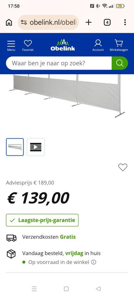 Zgan. Windscherm van Obelink, Caravans en Kamperen, Windschermen, Ophalen, Zo goed als nieuw