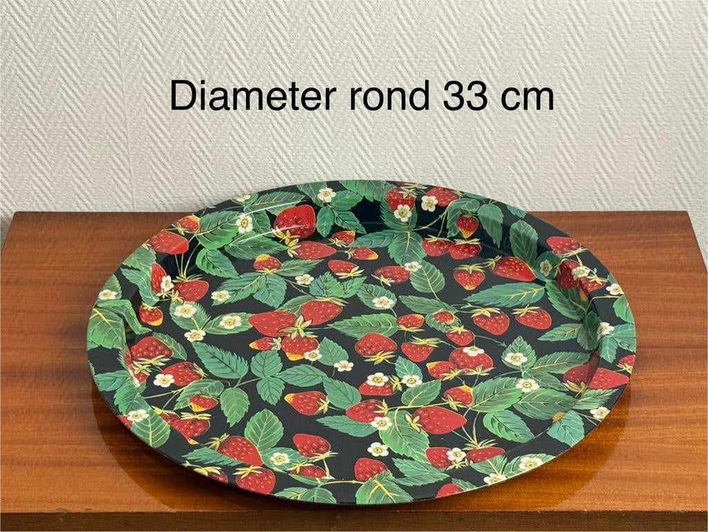 Rond dienblad met aardbeienprint - 33 cm, Ophalen of Verzenden, Zo goed als nieuw, Rond, Metaal