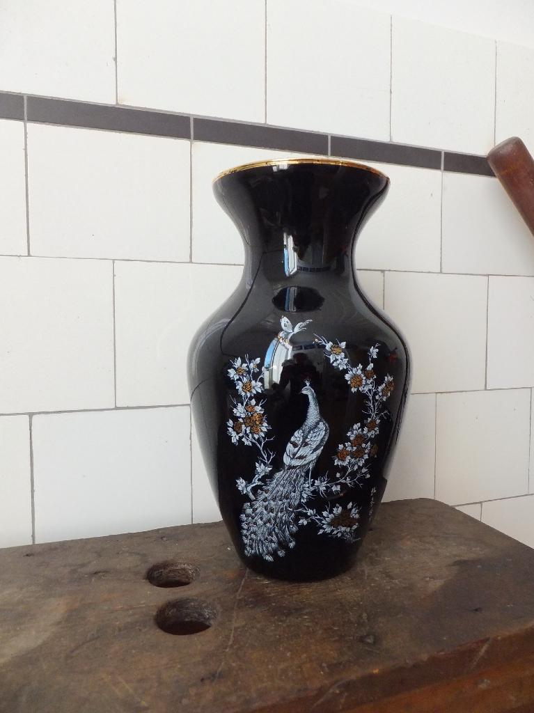 grote antieke vaas opaline zwart goud pauw hollywood regency, Antiek en Kunst, Ophalen of Verzenden