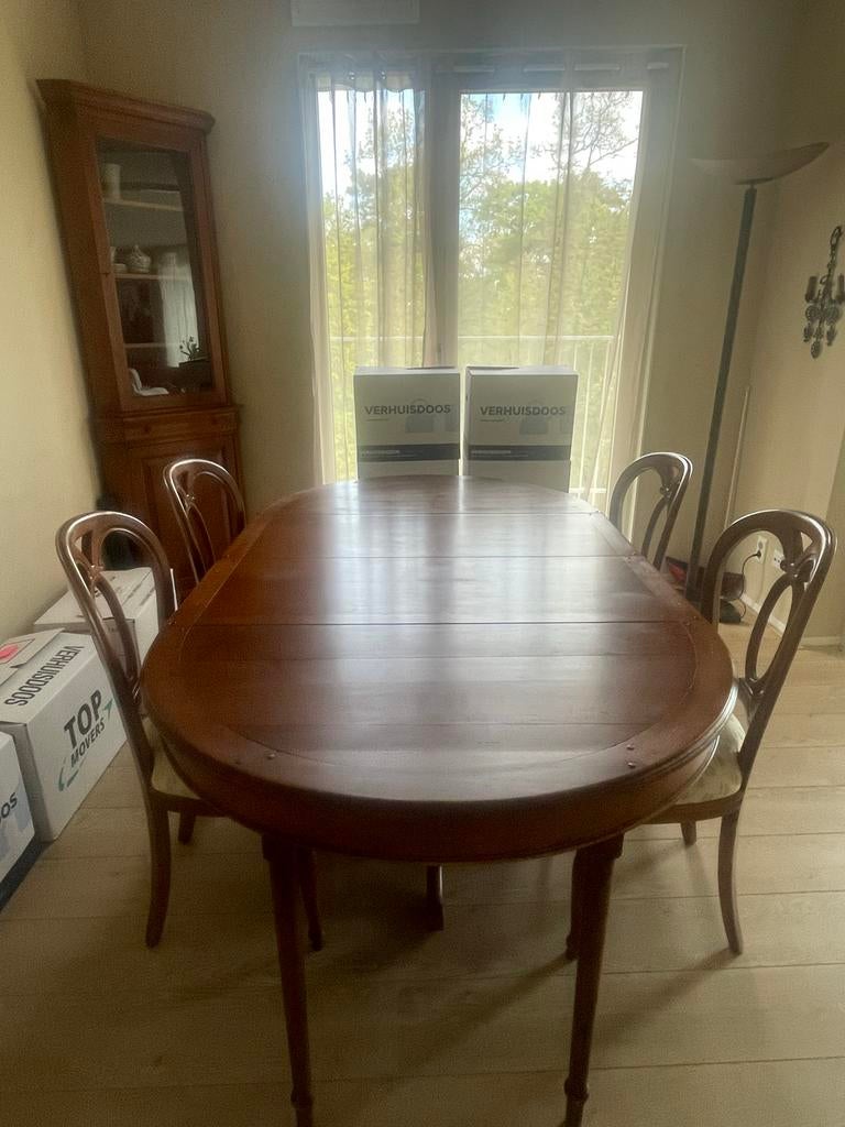 Heemstede Kersenhouten eettafel met 4 stoelen en verlengblad, Huis en Inrichting, Tafels | Eettafels, Gebruikt, 100 tot 150 cm