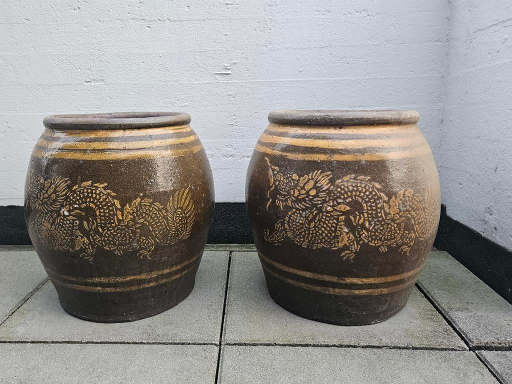 Set 2 Authentieke Martaban Drakenpotten - Handgemaakt 3D, Ophalen