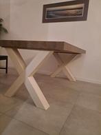 Eettafel met houten blad en witte kruispoten, Ophalen of Verzenden