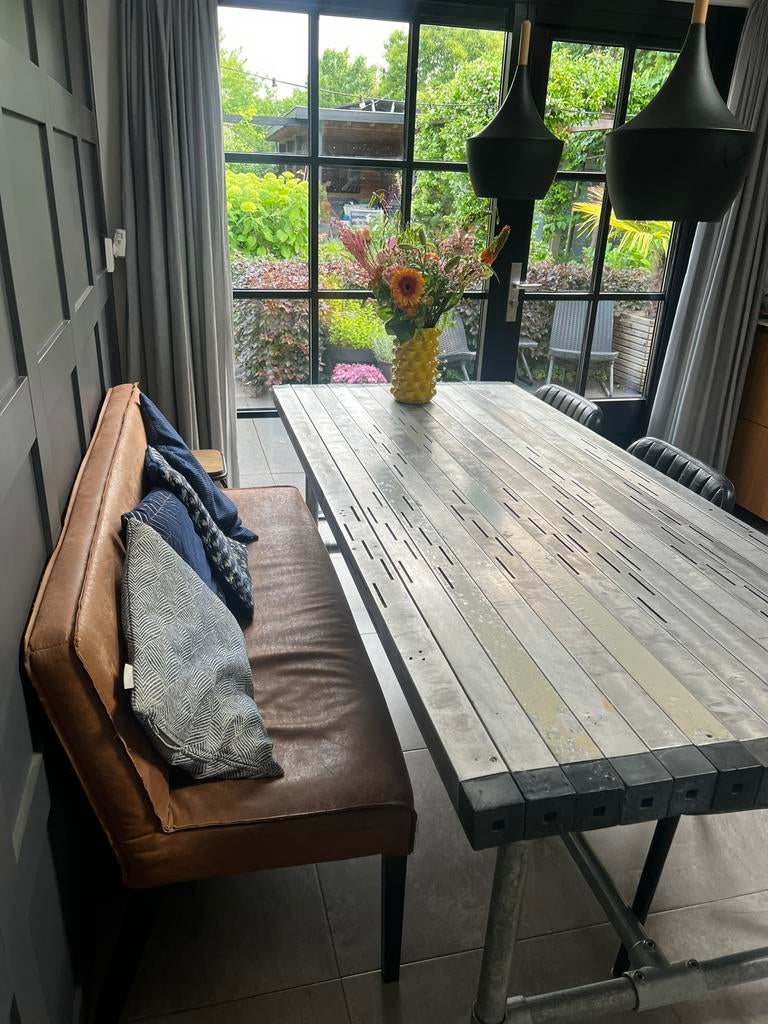 Industriele metalen tafel met steigerbuisframe, Ophalen, 200 cm of meer, 50 tot 100 cm, Zo goed als nieuw