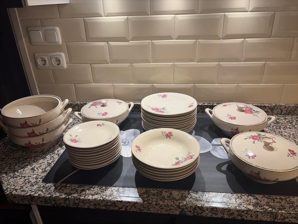 Ouderwets servies met rozenpatroon, Ophalen of Verzenden