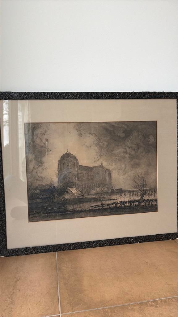 Ingelijste ets van de Grote Kerk in Veere van Toon de Jong, Antiek en Kunst, Kunst | Etsen en Gravures, Ophalen