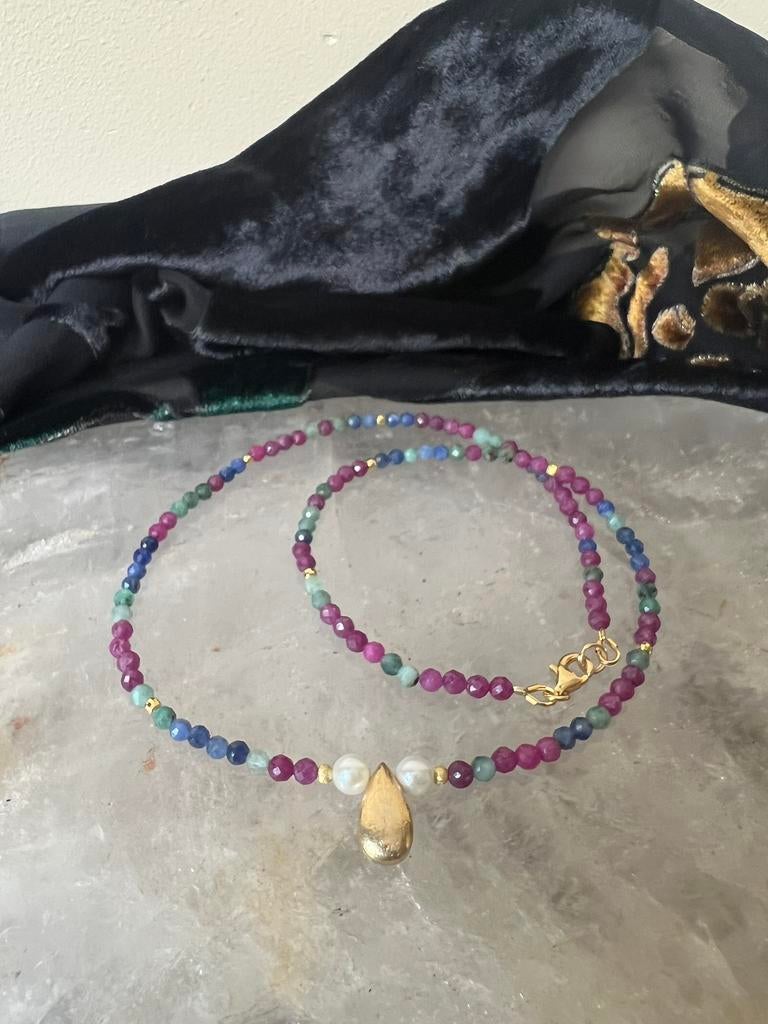 Robijn smaragd saffier AKOYA zoutwater parel beschermt uniek, Sieraden, Tassen en Uiterlijk, Kettingen, Nieuw, Zilver, Rood, Met edelsteen