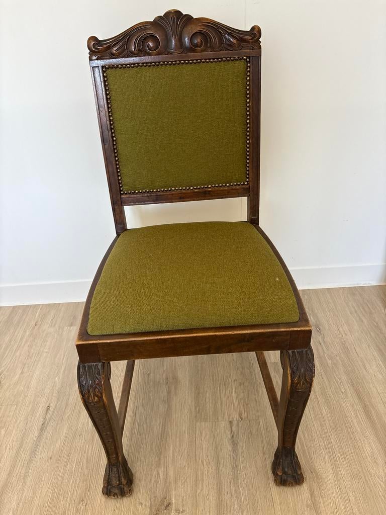 Antieke stoel met groen stoffen bekleding en klauwpoten, Antiek en Kunst, Antiek | Meubels | Stoelen en Banken, Ophalen