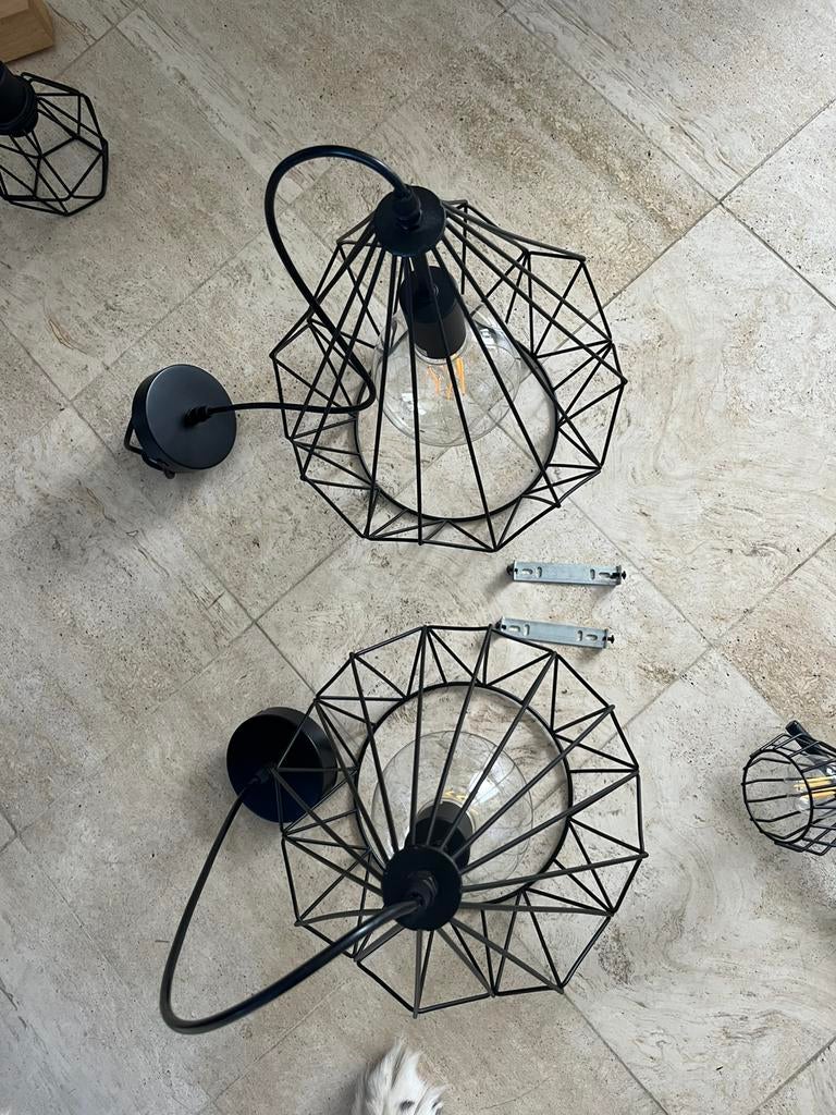 Set 6 lampen industrie look zwart 3 hanglamp 3 plafonniere, Huis en Inrichting, Ophalen, Metaal of Aluminium, Zo goed als nieuw