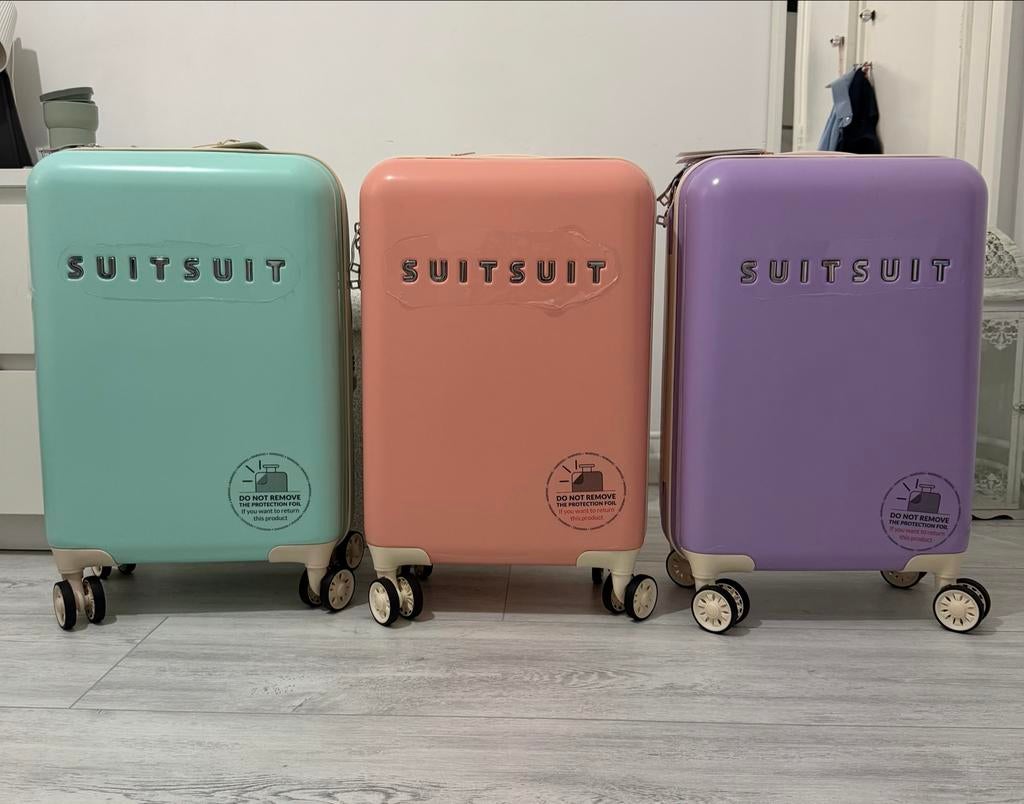 3x SUITSUIT Handbagage Reiskoffer 55cm - Lila, Peach, Mint, Wieltjes, 50 tot 60 cm, Hard kunststof, Nieuw