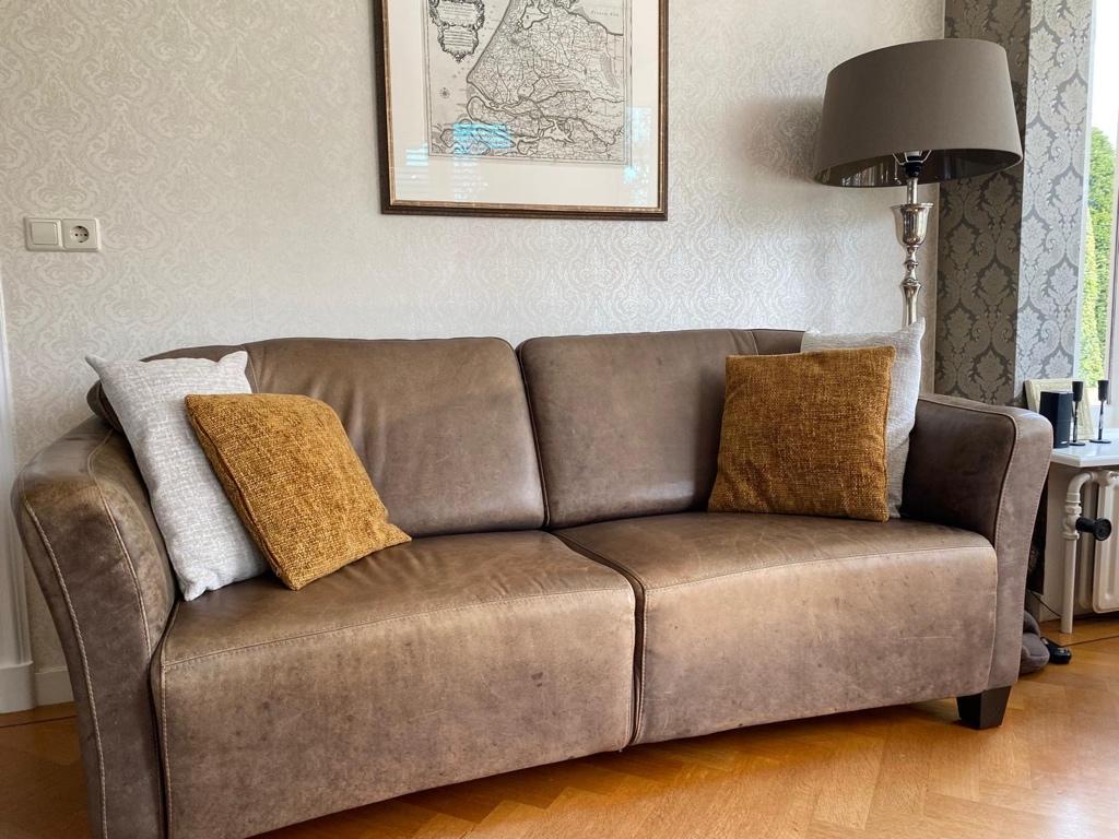 Bankstel Leder, Huis en Inrichting, Banken | Bankstellen, Ophalen, Gebruikt, Driepersoons, Rechte bank