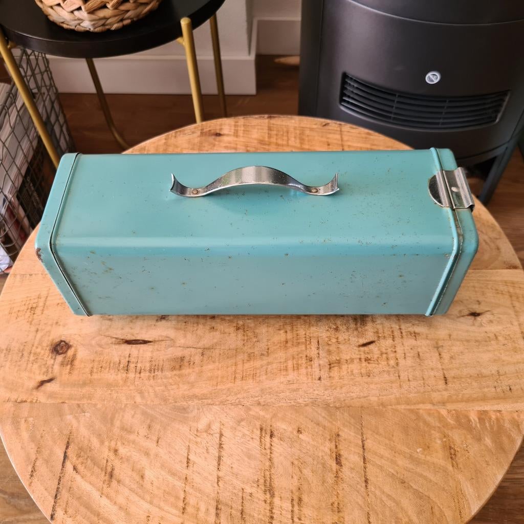 Vintage Brabantia ontbijtkoektrommel in turquoise, Ophalen, Gebruikt