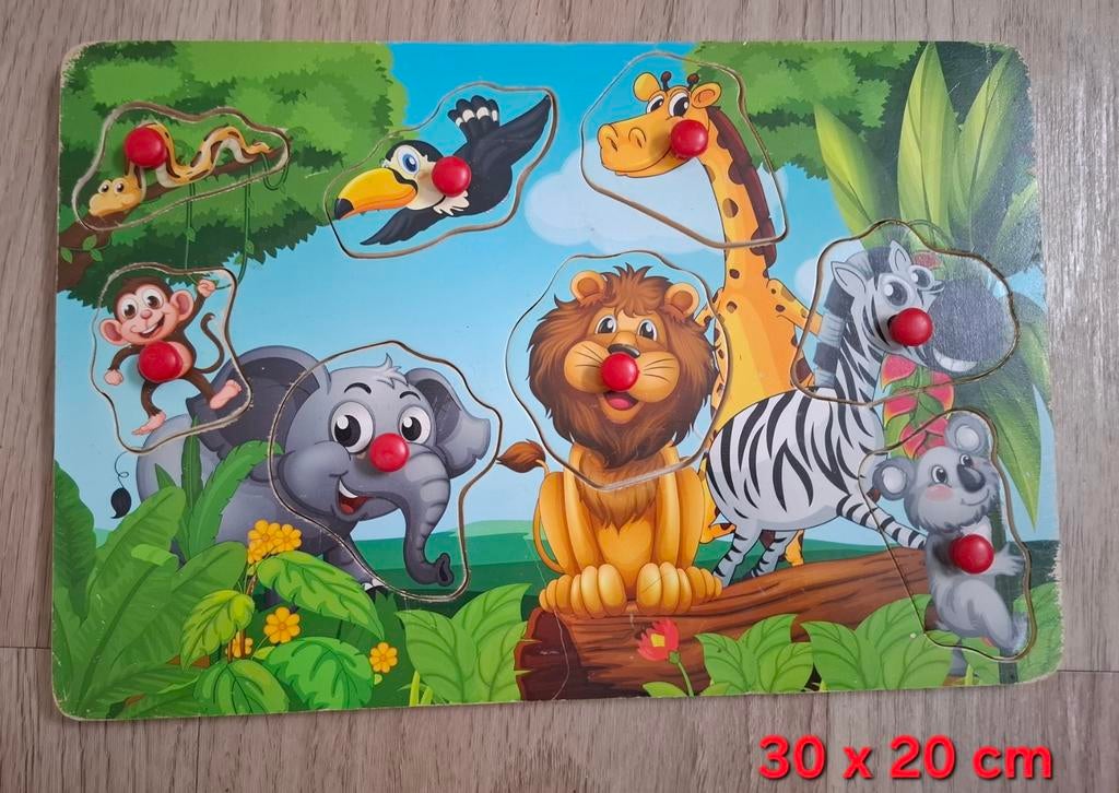 Houten noppenpuzzel met jungle dieren (30x20 cm), 2 tot 4 jaar, Gebruikt, Ophalen of Verzenden, Van hout